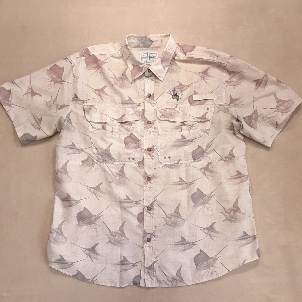 Guy Harvey Mens Short Sleeve Button Fishing Shirt XL Gray Purple Swordfish Print